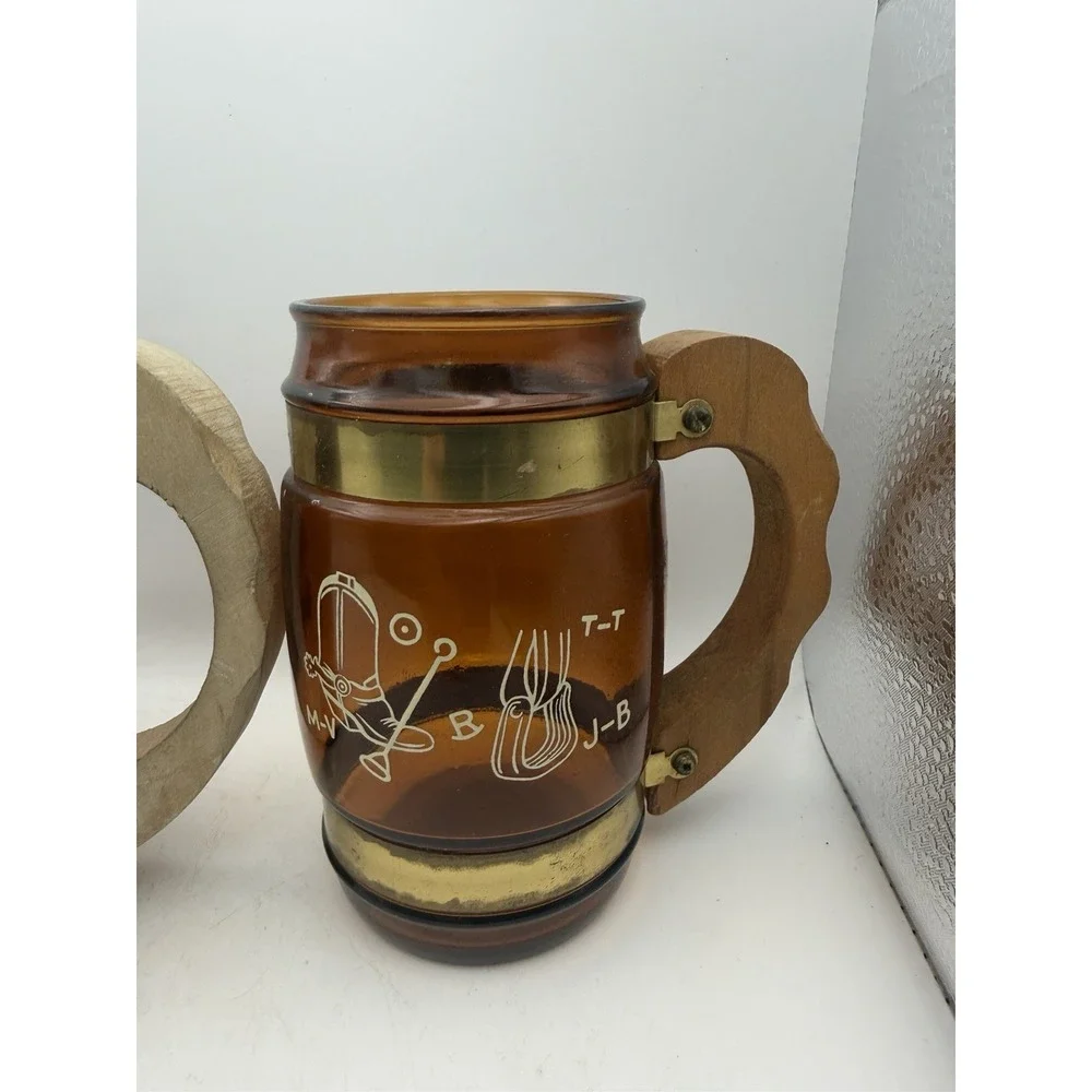 Vintage Siesta Ware Amber Glass Mugs Set 3 Wood Handles Brass Bands Etched